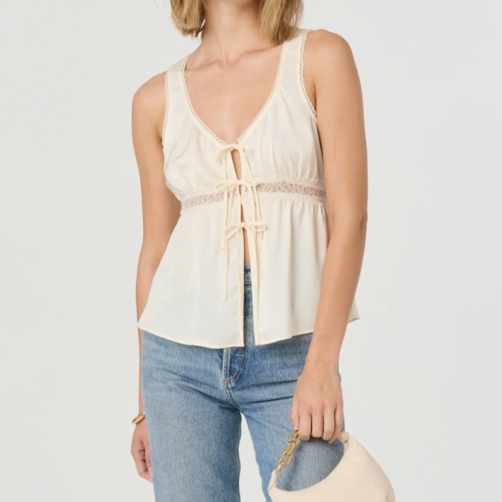 Tie Front Lace Trim Satin Tank Top - Picture 4 of 7
